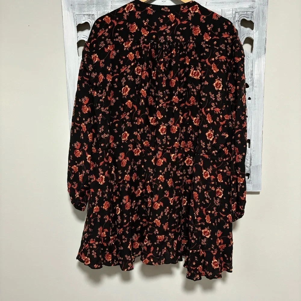 NEW Free People Flower Fields Long Sleeve orange/Black Boho Flowy Mini Dress